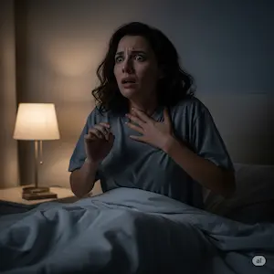 mujer en la cama de noche con signos de ahogo.