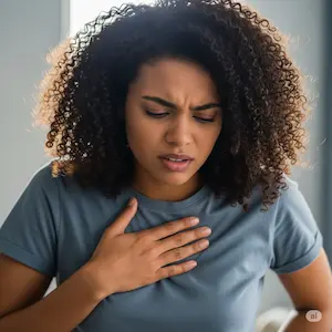 imagen de mujer con mano en el pecho con signos de dolor
